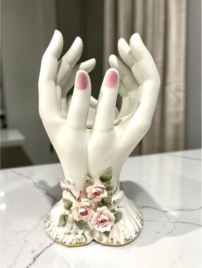 Vintage Lefton 1791 Lady Hands Bud Vase Bisque Porcelain Roses Japan 6.75”